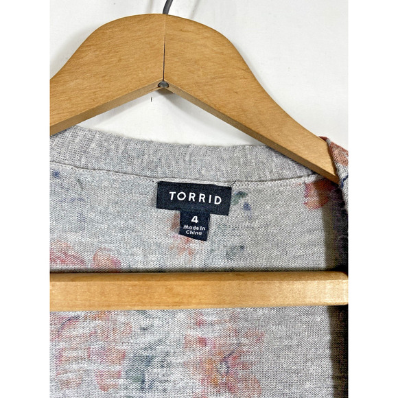 Torrid Heather Gray Pink Floral Cardigan Sweater Size 4 Open Front Knit Floral - Picture 5 of 11